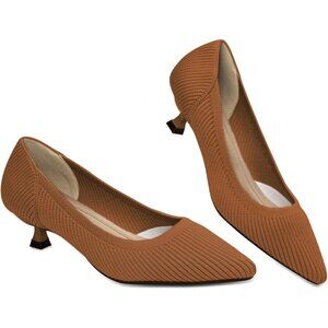 Women's Brown Kitten Heels Pumps Comfortable Knit Closed Toe Heels Casual